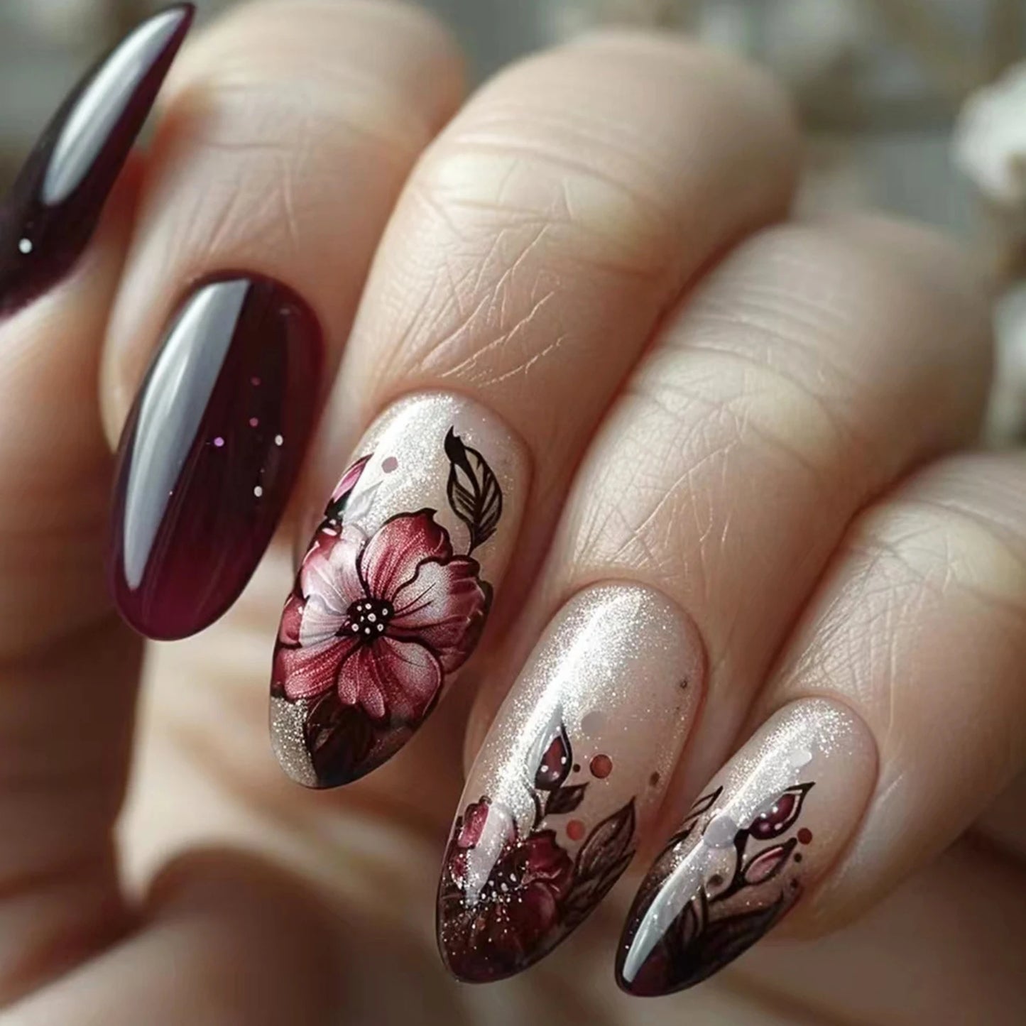 24pcs Glossy Red Press on Nails with White flowers Decor Coffin Head Fake Nails Full Cover Wearable Sweet Korean False Nails Peaceful Pleasures Health and Wellness style 10