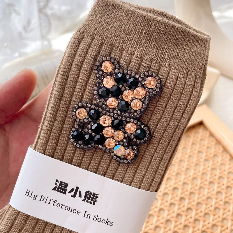 Diamond Cartoon Bear Decorative Socks, Fashionable Diamond Sparkling Women's Socks, Comfortable And Breathable Christmas Socks Peaceful Pleasures Health and Wellness Chocolate One Size