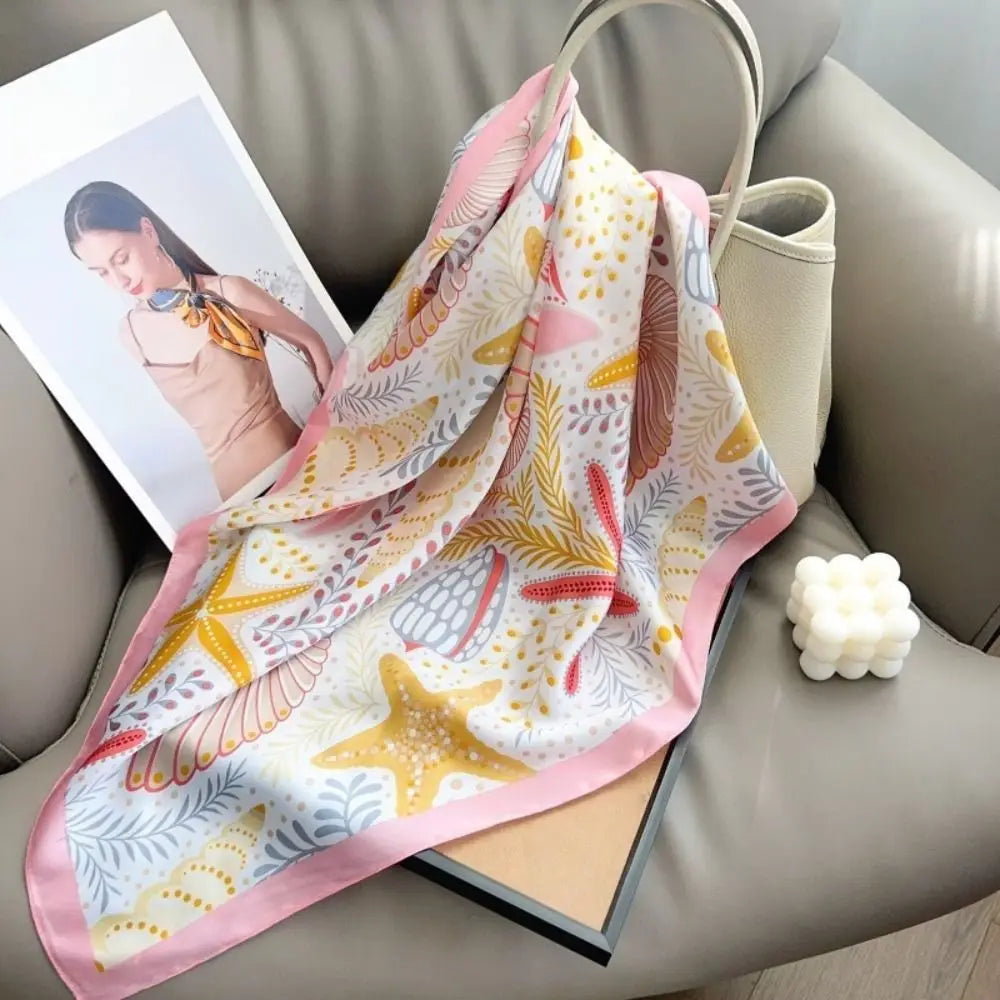 Y2K Starfish Shell Print Satin Square Scarf | 70x70cm Satin Square Scarf Peaceful Pleasures Health and Wellness