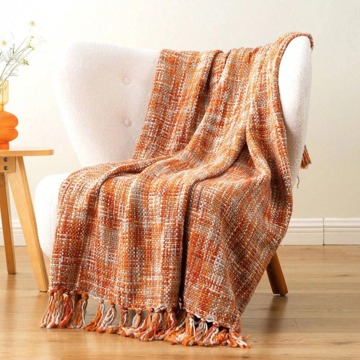 Battilo Orange Knit Throw Blanket with Tassels | Boho Fall Decor