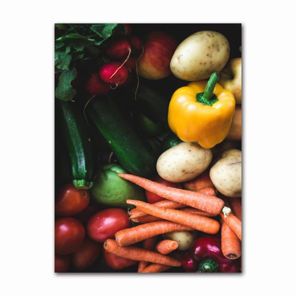 Nordic Wall Art Canvas Painting Colorful Fresh Vegetable Fruits Posters for Kitchen Decor Orange Lemon Picture for Restaurant Peaceful Pleasures Health and Wellness 60574-01 20x30cm