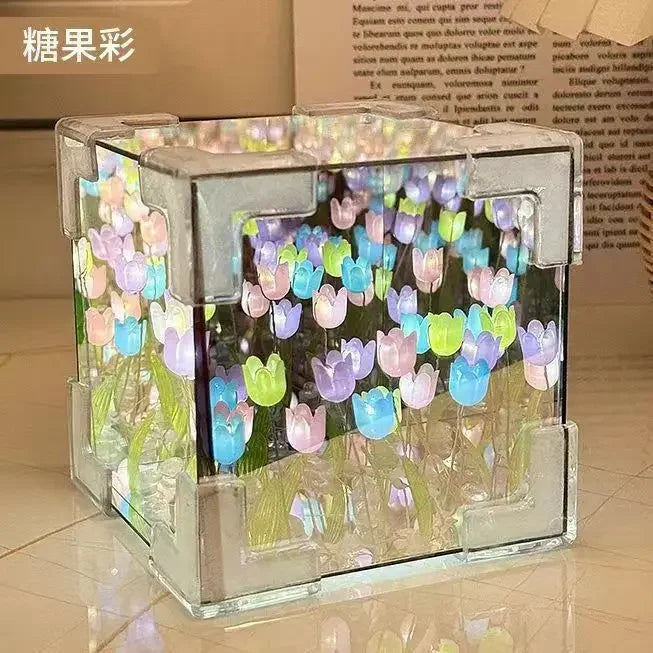 Hot Tulip Nightlight Handmade DIY Material Cube Tulip Mirror Bedroom Decor Atmosphere Lamp Valentine's Day Birthday Gift Peaceful Pleasures Health and Wellness battery 20FLOWERS COLOR DIY
