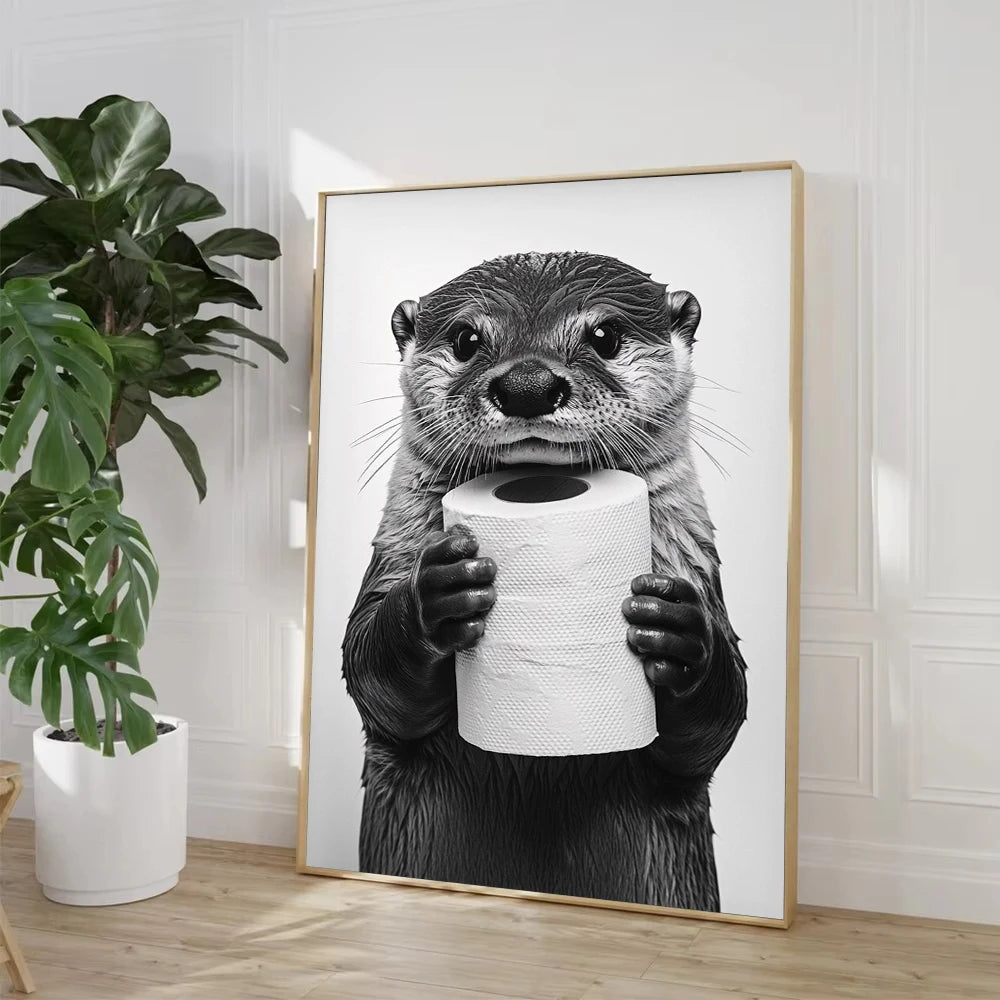 Funny Animal Toilet Paper Canvas Wall Art – Bathroom Decor