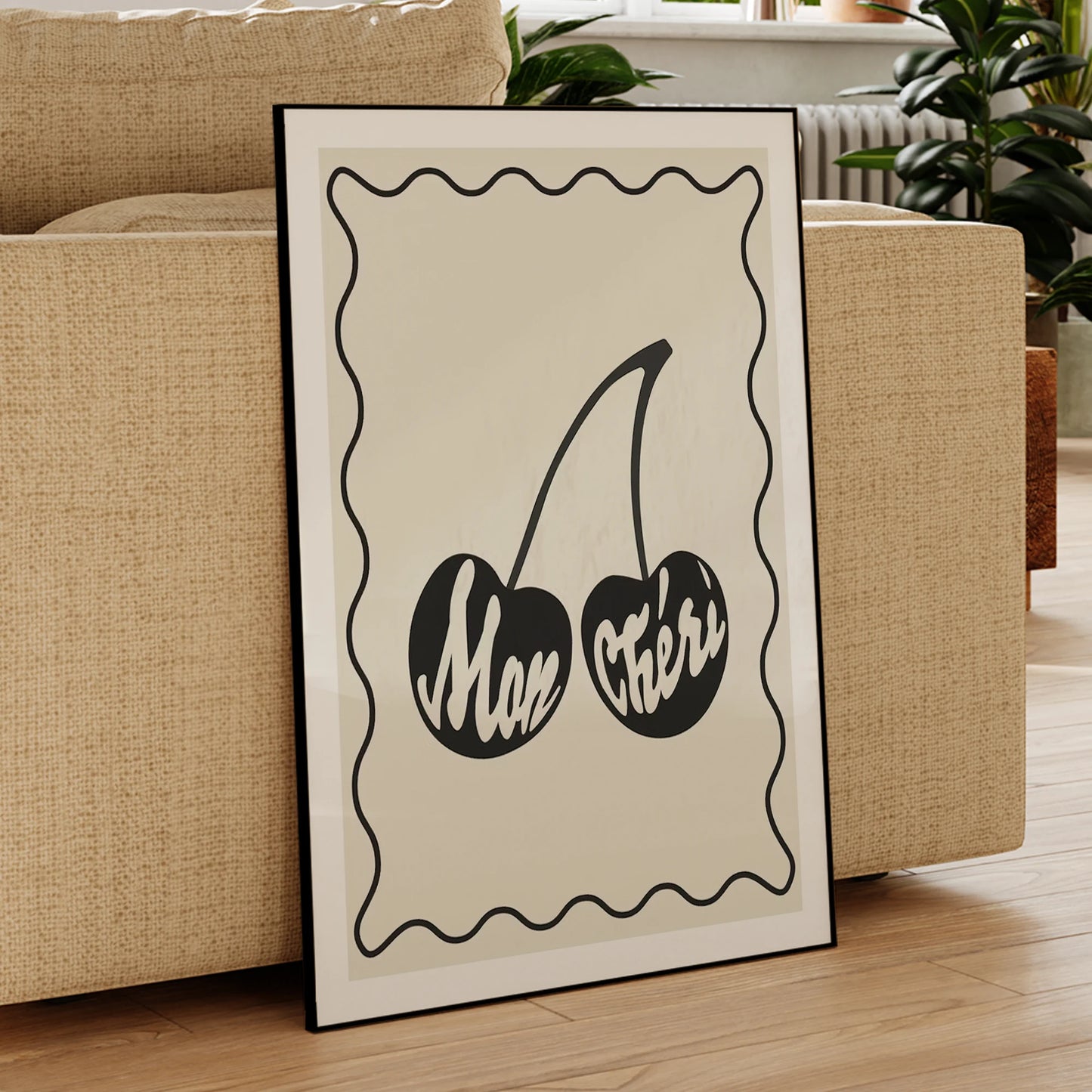 Mon Cheri Cherry Black & Cream Canvas Wall Art Print