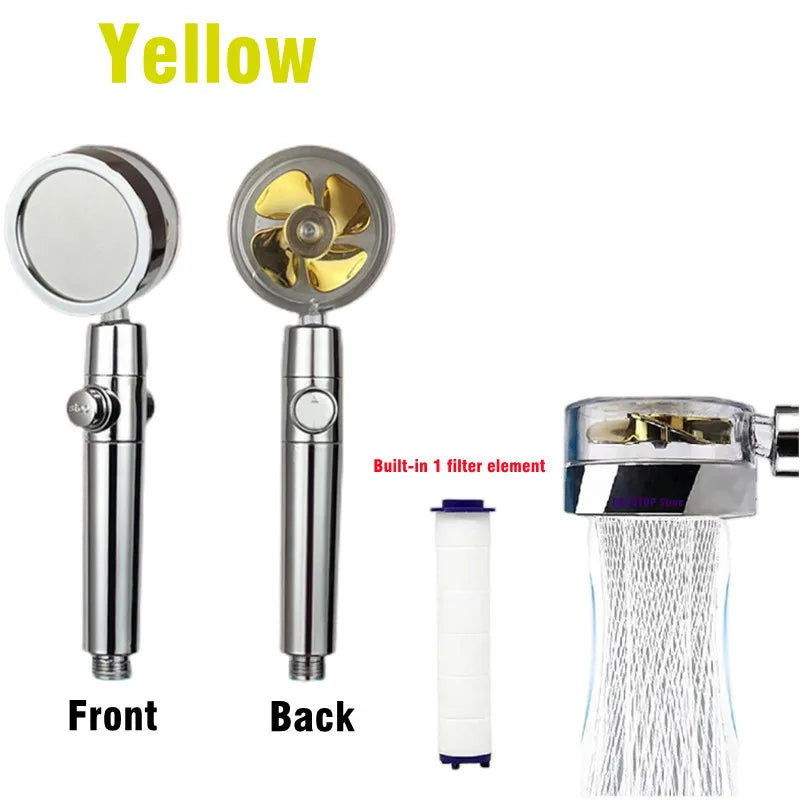 360 Degrees Rotation Turbo Fan Shower Head High Pressure Water Saving Spray Adjustable Showerhead Filters Bathroom Accessories Peaceful Pleasures Health and Wellness YELLOW