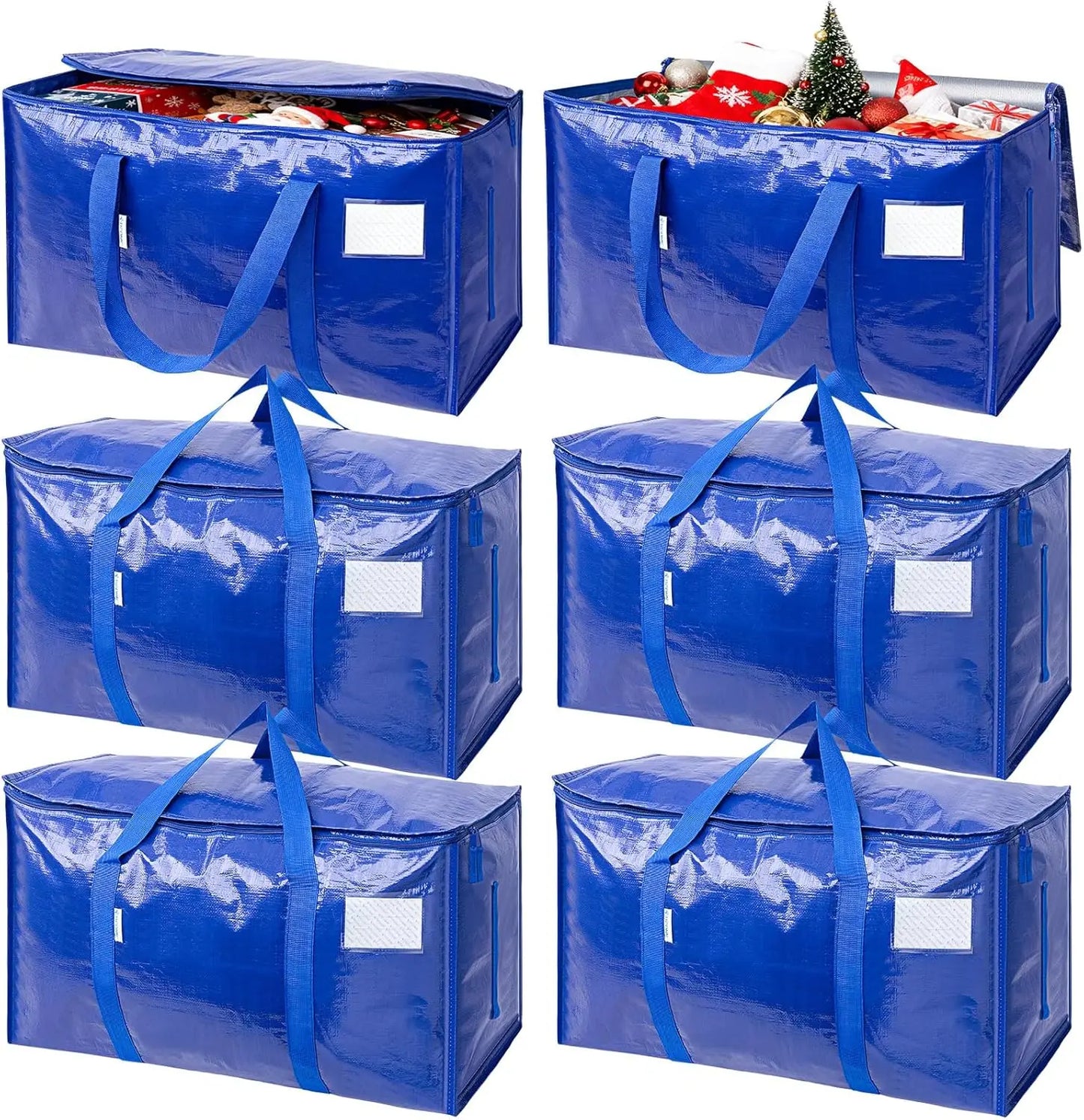 Set of six blue storage bags with handles on a white background