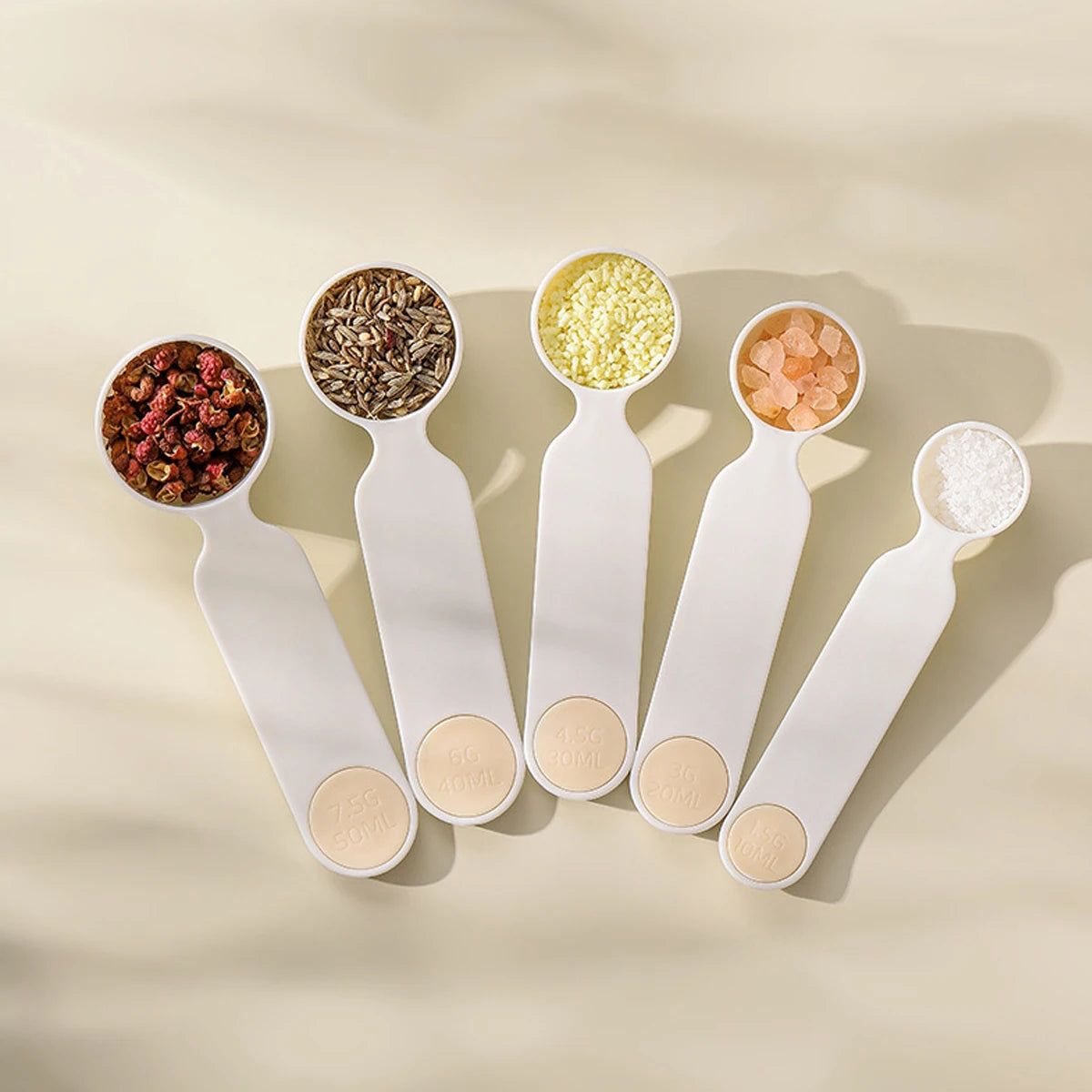 5Pcs Stacking Mini Measuring Spoon Set Portable with Scale Kitchen Measuring Spoon Plastic Quantitative Spoon Coffee Sugar Scoop Peaceful Pleasures Health and Wellness White