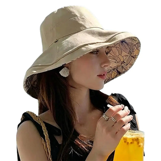 Double-Sided Printed Sun Hat Dual-Style Reversible Wear Sun Protection Windproof Rope Flower Print Wide Brim Fisherman Hat Women Peaceful Pleasures Health and Wellness Khaki