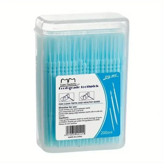 200pcs/box Plastic Toothpicks Double-headed Disposable Interdental Brush Dental Tooth Flossing Head Oral Hygiene Clean The Mouth Peaceful Pleasures Health and Wellness Blue 1x box
