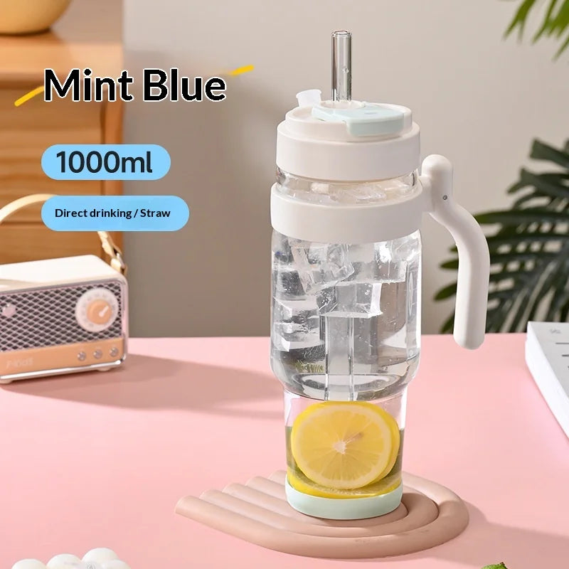 1000ml Cross Border Popular Large Capacity Flower Tea Cup, Straw Glass Cup, High Borosilicate Car Ice Cream Cup Peaceful Pleasures Health and Wellness