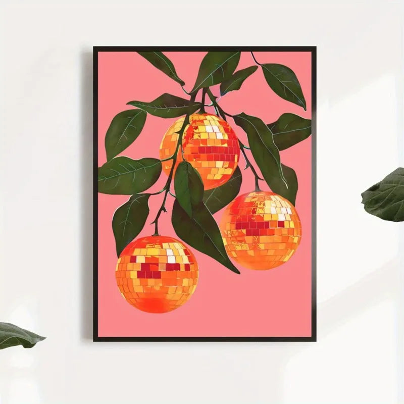 1pc Vintage Funky Pink Disco Ball Oranges Art Print Retro Music-Themed Canvas Wall Decor, Unframed, Indoor Wall Art Decor Peaceful Pleasures Health and Wellness