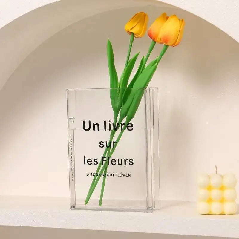 Clear Acrylic Book Vase for Flowers – Transparent Tabletop & Bookshelf Flower Vase, Modern Home Decor