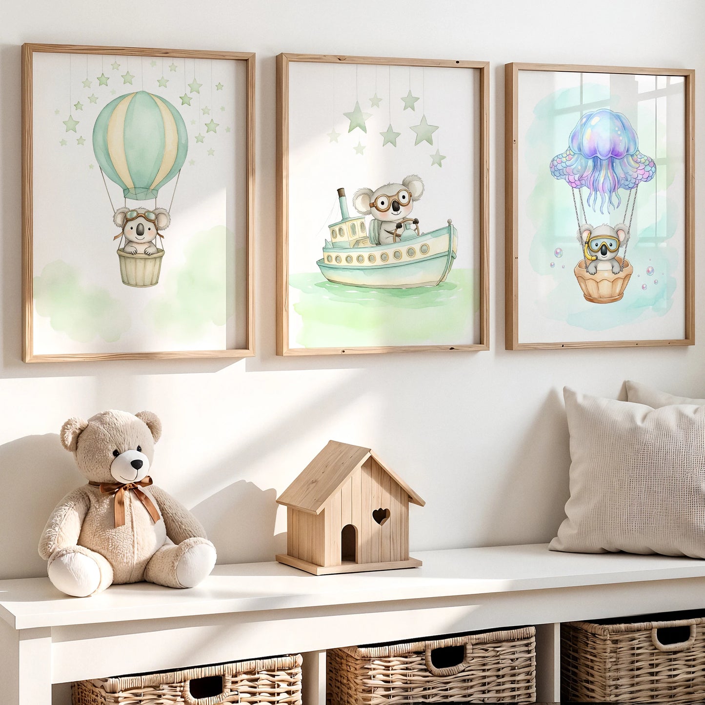 Watercolor Sloth Hot Air Balloon Canvas Wall Art | Kids Room