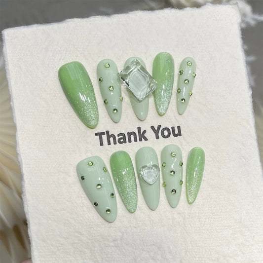 10pcs Handmade Press On Nails Summer Lime Green Cat's Eye Long Almond False Nails Flash Rhinestone Decor For Women Trendy Style Peaceful Pleasures Health and Wellness