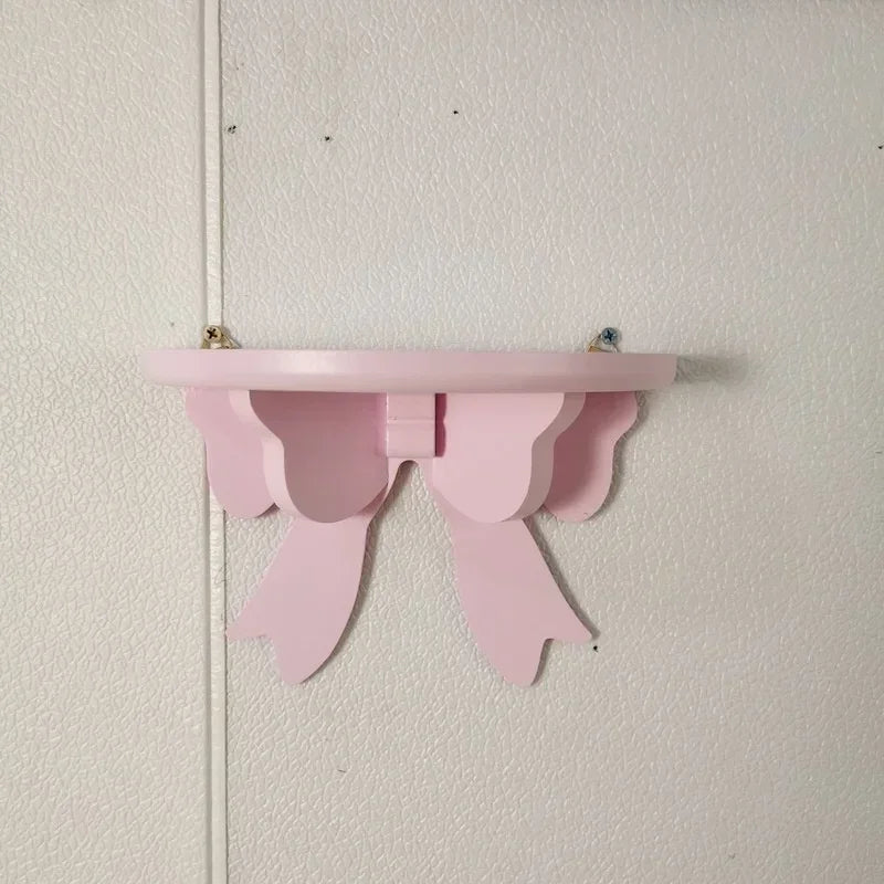 Pink Wooden Wall Shelf Bow Decor Frame Girls Room Storage Rack Home