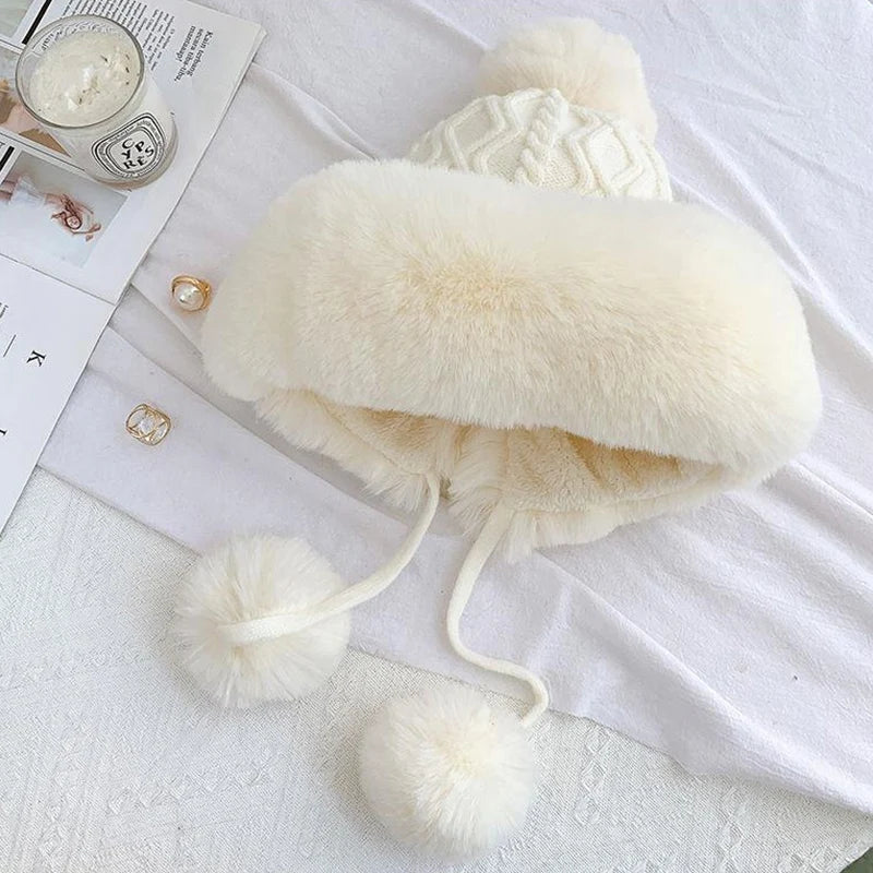 Women's Plush Ball Beanie | Winter Ear Protection Knit Hat