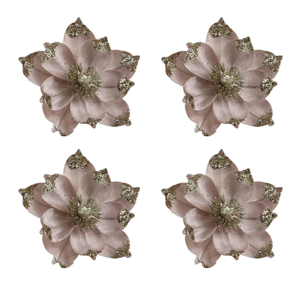 Gold Glitter Christmas Artificial Flowers – Set of 4 | Holiday Decor