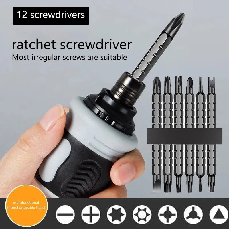 12 in 1 Ratchet Screwdriver Set Labor-Saving Dual-Purpose Short Radish Head CR-V Bits 3-Way Adjustment DIY Hand Tool Peaceful Pleasures Health and Wellness