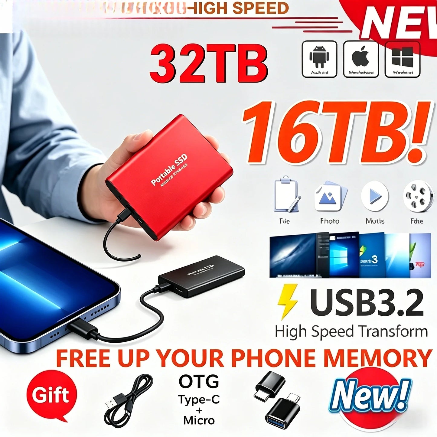 EOENKK 16TB Portable External SSD USB 3.1 Type-C Drive