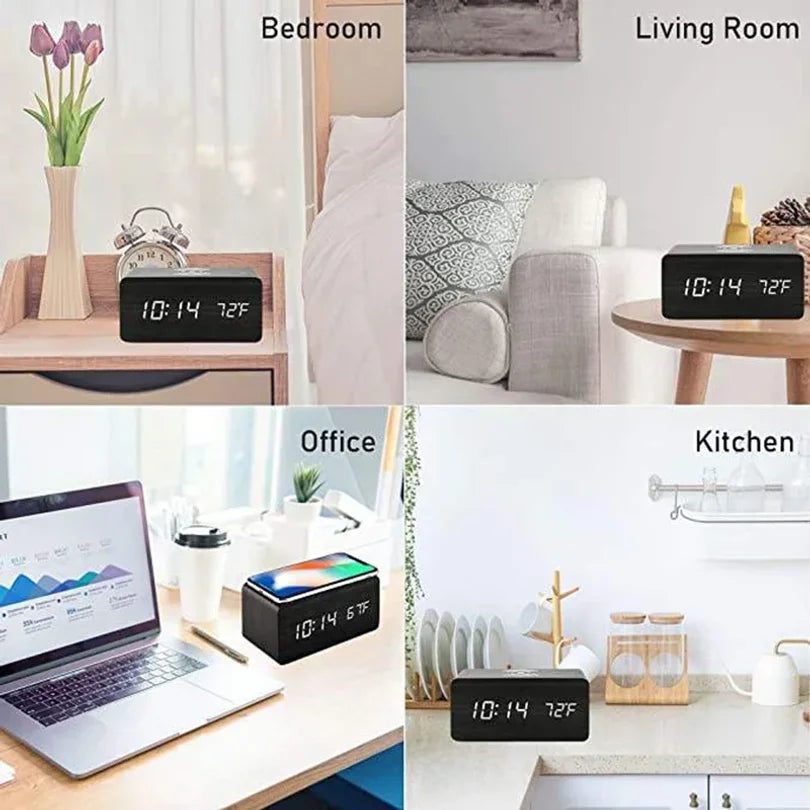 Wooden Digital Alarm Clock with Wireless Charging LED Clock with Time Date Temperature Desk Clocks for Office Bedside Clock Peaceful Pleasures Health and Wellness