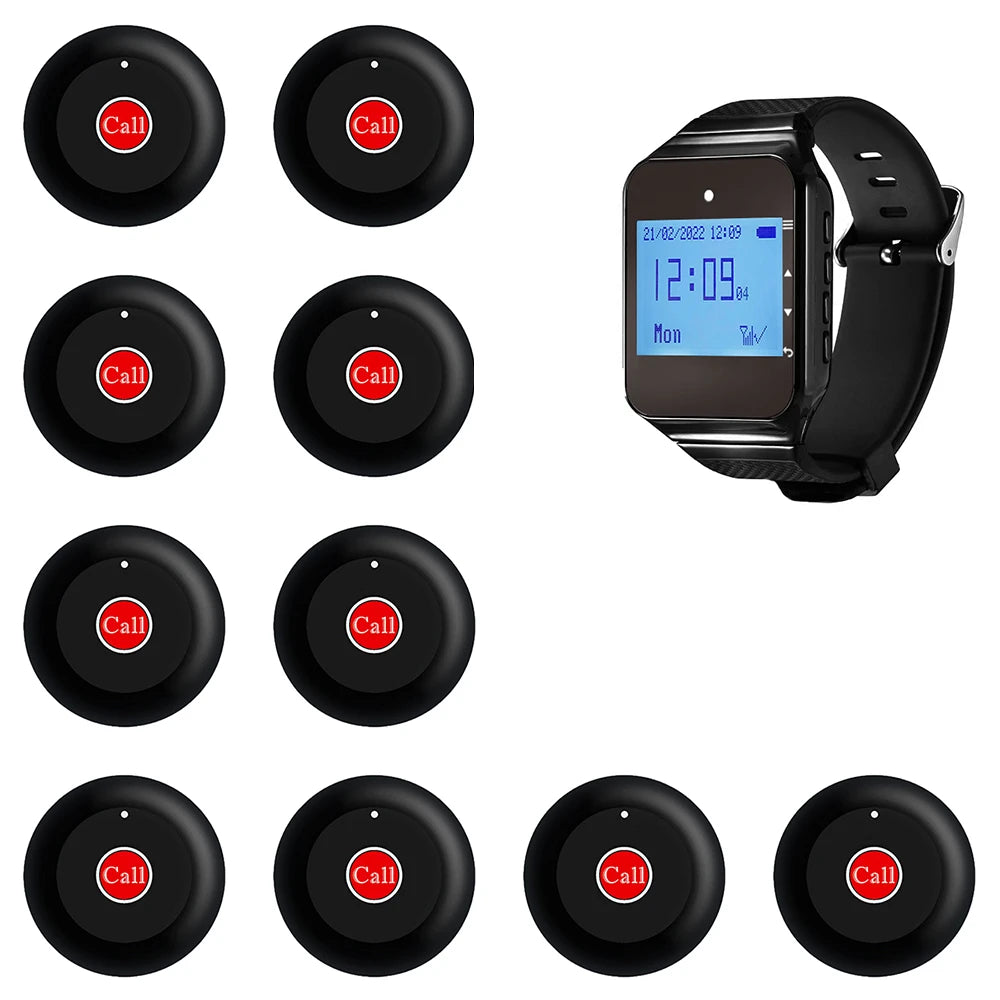 Restaurant Pager Wireless Waiter Calling System Watch Receiver Call Button For Cafe Clinic Dentist Peaceful Pleasures Health and Wellness SU-R169-C01(1x10)