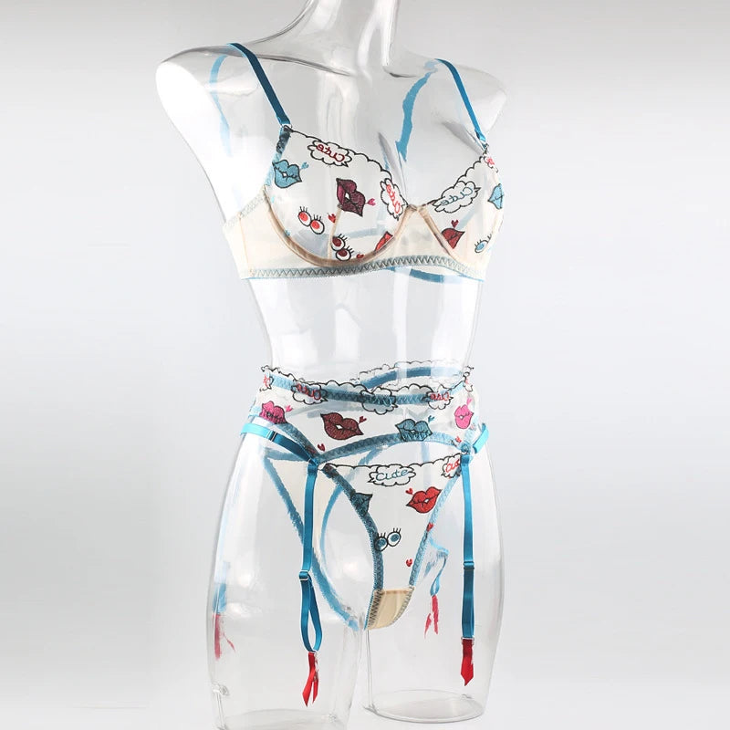 Women's Lip Print 3-Piece Lingerie Suspender Set | Cute Style