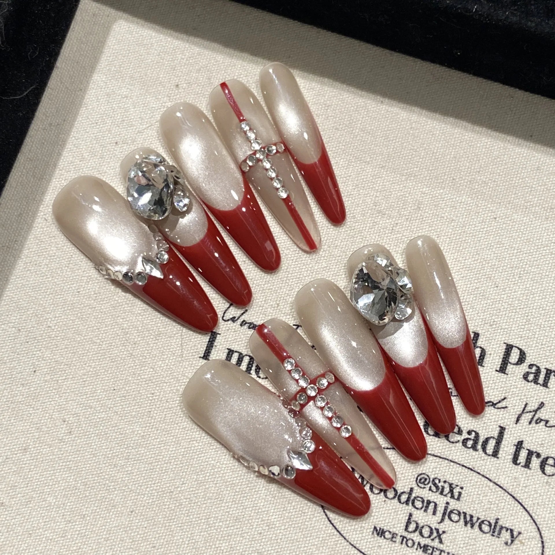 Handmade Press on Nails Long Oval Red French Fake Nails for Women Girl Wearable Large Heart Diamond Design New Year False Nails Peaceful Pleasures Health and Wellness