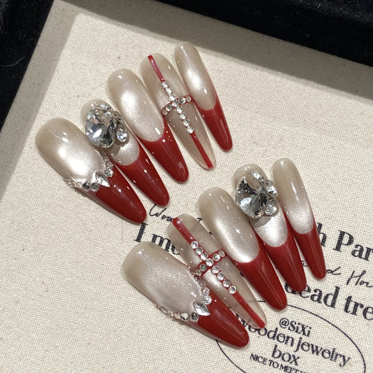 Handmade Press on Nails Long Oval Red French Fake Nails for Women Girl Wearable Large Heart Diamond Design New Year False Nails Peaceful Pleasures Health and Wellness