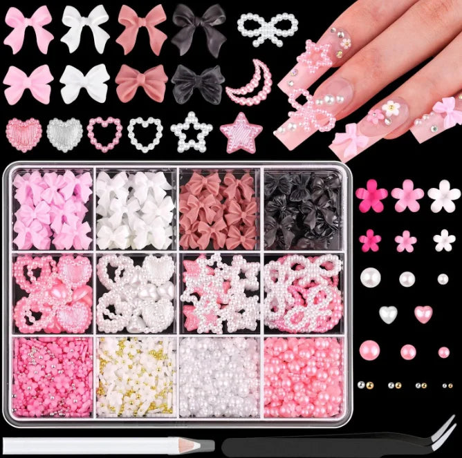 1 Box Multi Ribbon Bow Resin Nail Decoration Mixed Alloy Pearl Love
