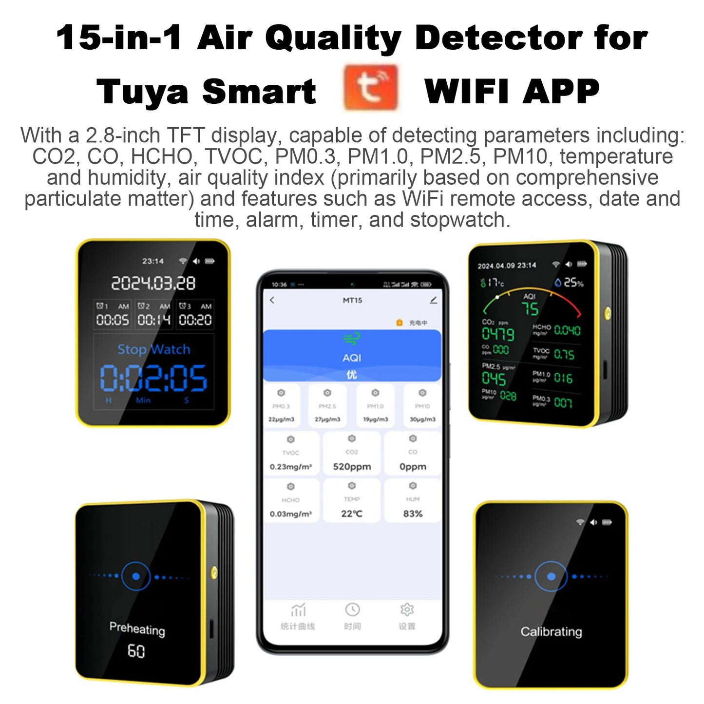 Air Quality Monitor,15-in-1 WiFi Air Detector with Color LCD Screen Fit for Tuya Smart,Detects PM2.5 PM10 TVOC Temp Humidity Peaceful Pleasures Health and Wellness