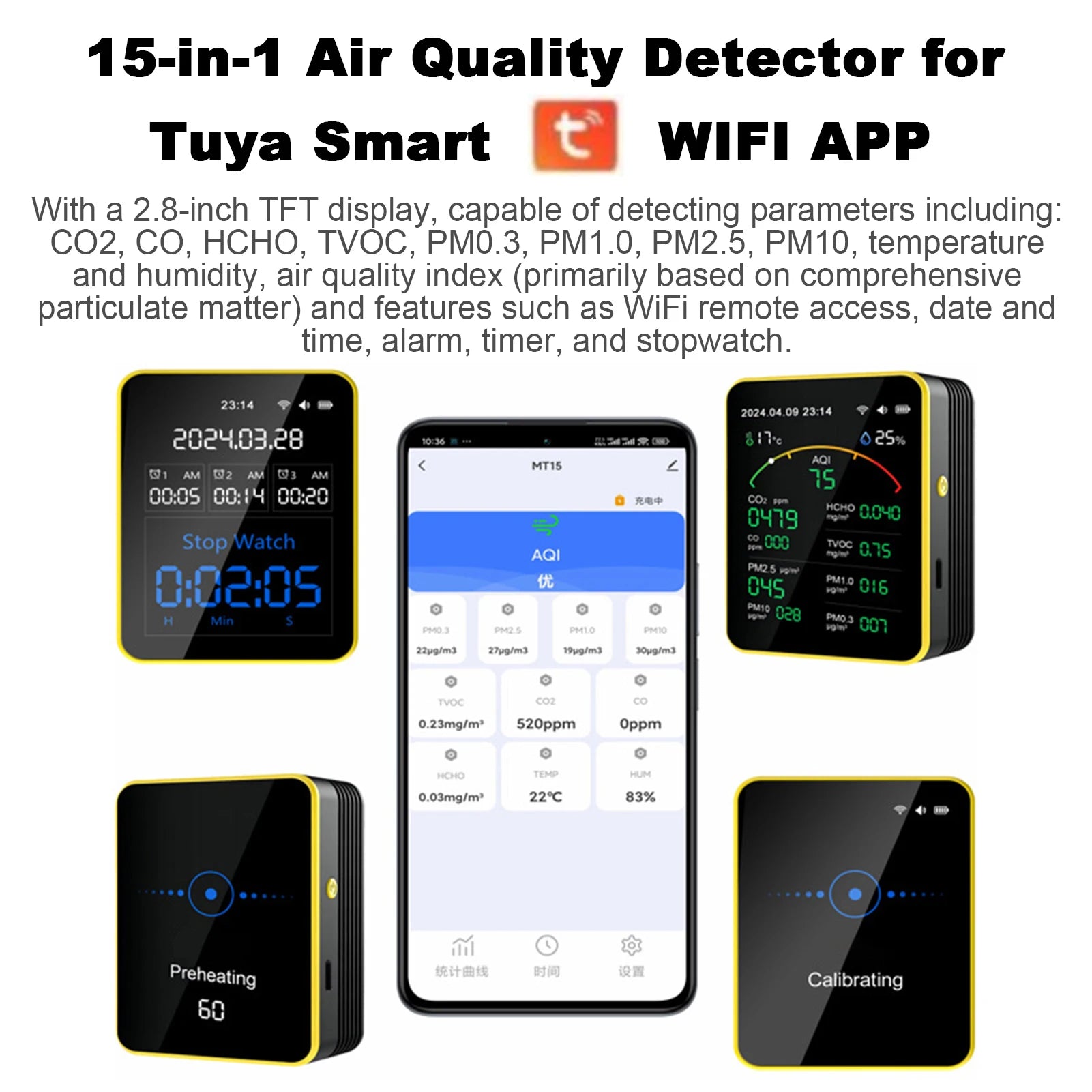 Air Quality Monitor,15-in-1 WiFi Air Detector with Color LCD Screen Fit for Tuya Smart,Detects PM2.5 PM10 TVOC Temp Humidity Peaceful Pleasures Health and Wellness
