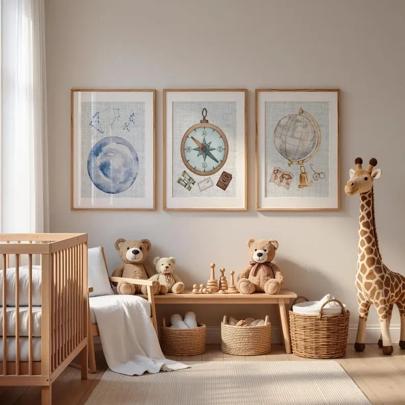 3-Piece Adventure Nursery Canvas Wall Art | Compass Globe Moon