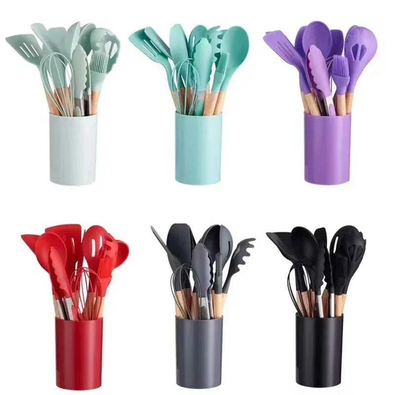 12Pcs Silicone Kitchen Cooking Utensils Set Wooden Handle Cooking Tool Non-stick Cookware Spatula Shovel Egg Kitchenware Beaters Peaceful Pleasures Health and Wellness