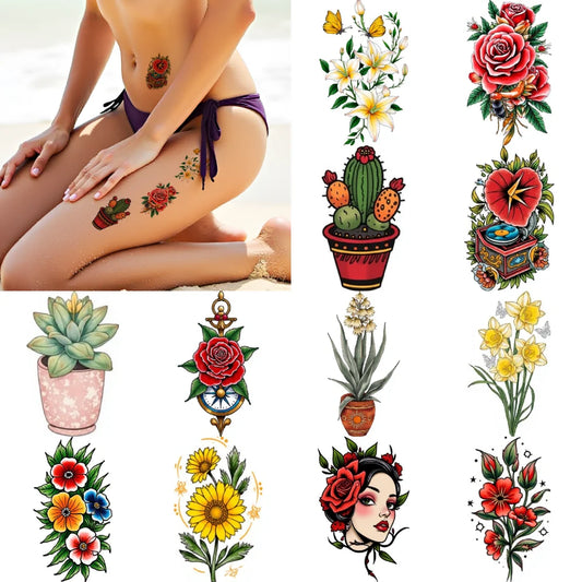 28pcs Waterproof Temporary Tattoos – Rose, Cactus & Sakura Temporary Tattoo Stickers Oasis Select