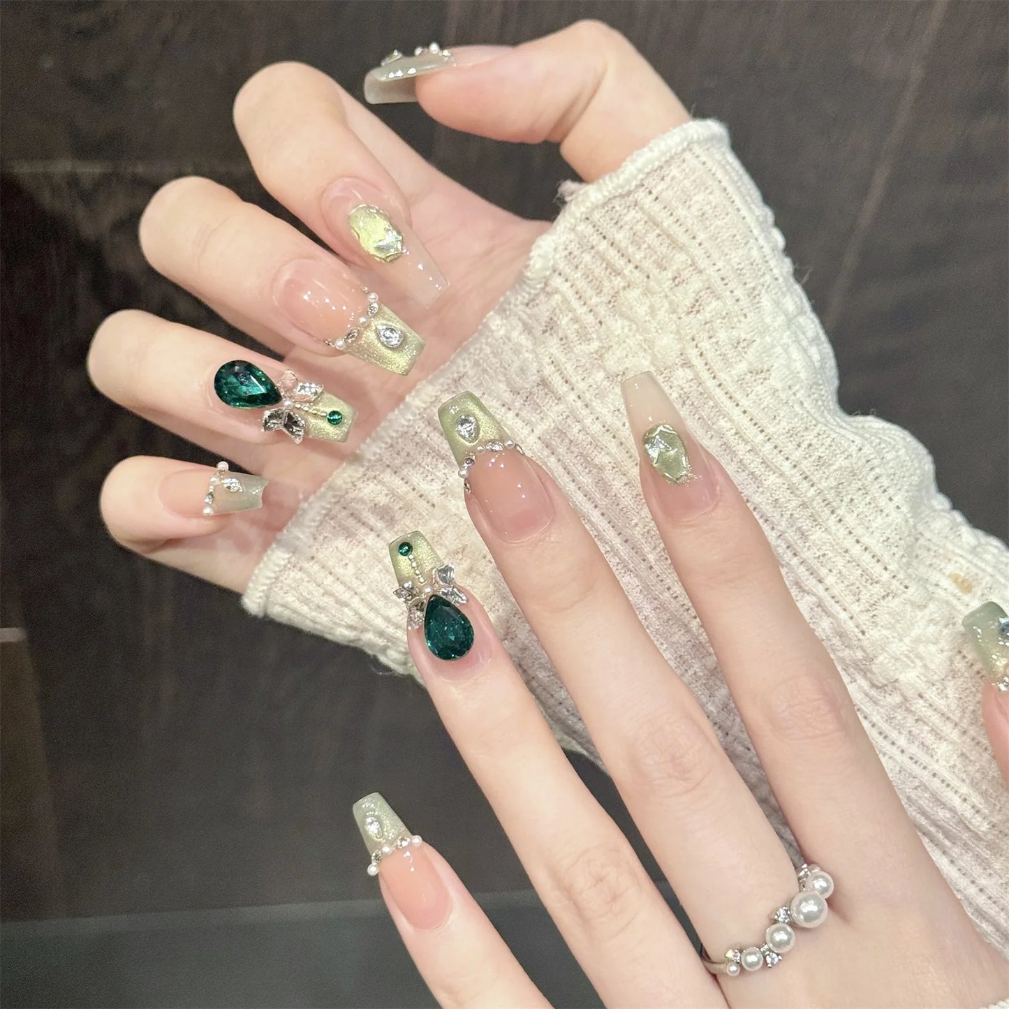 Handmade Press On Nails Glitter Green Rhinestone Gradient