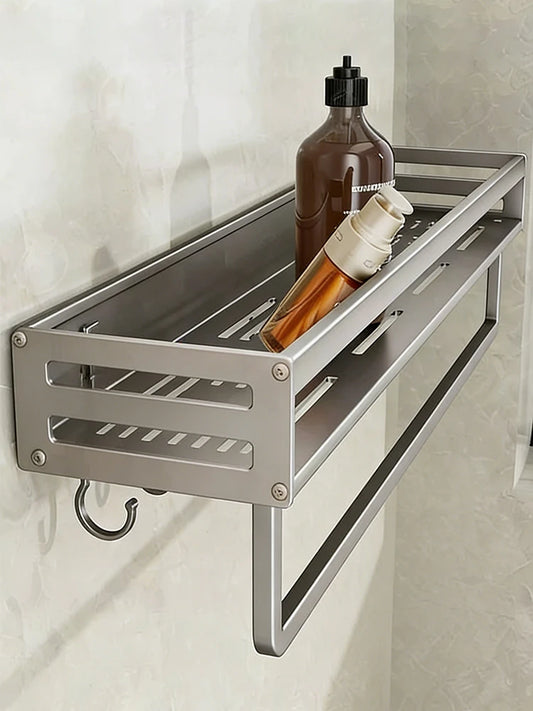 Aluminum Shower Corner Shelf with Towel Bar | No Drill Shower Corner Shelf Peaceful Pleasures Health and Wellness