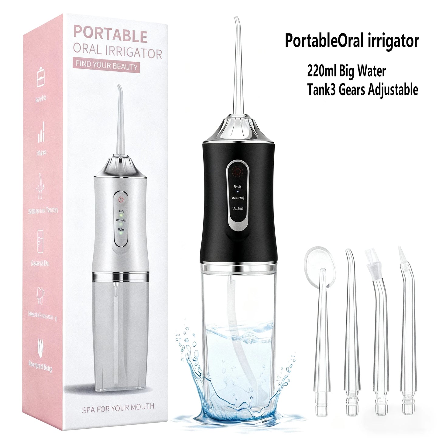 Oral Irrigator Portable USB Rechargeable Dental Water Flosser Water Jet Floss Tooth Pick 4 Jet Tip 220ml 3 Modes IPX7 Waterproof Peaceful Pleasures Health and Wellness