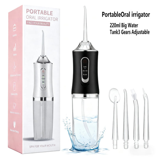 Oral Irrigator Portable USB Rechargeable Dental Water Flosser Water Jet Floss Tooth Pick 4 Jet Tip 220ml 3 Modes IPX7 Waterproof Peaceful Pleasures Health and Wellness