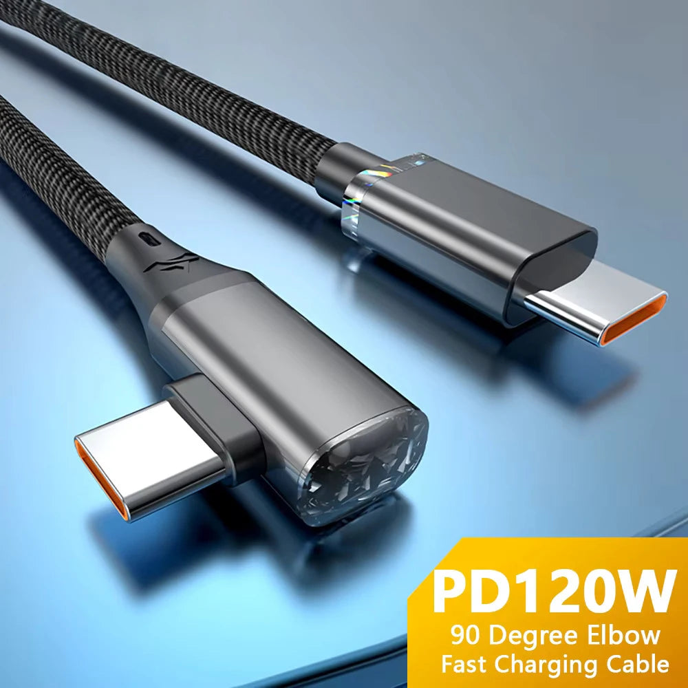L-Shape Right Angle USB-C to C Fast Charge Cable 120W PD Nylon High Speed Data Sync Cord For IOS Android Cellphone Laptop Gaming Peaceful Pleasures Health and Wellness