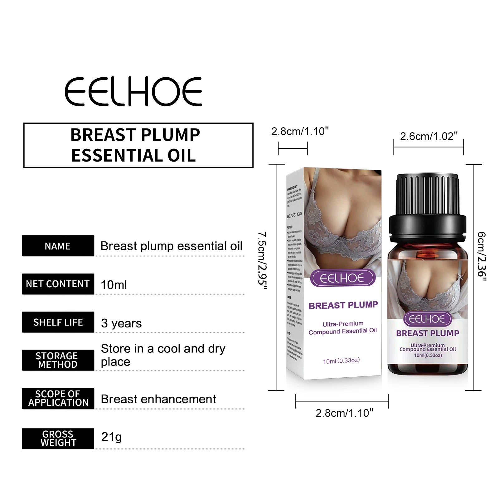 EELHOE Breast Firming & Lifting Massage Oil – Natural Plant Formula, 10ml Body Oil Peaceful Pleasures Health and Wellness