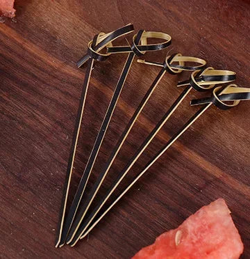 100Pcs Disposable Bamboo Tie Knotted Skewers Twisted Ends Cocktail Food Fruit Picks Fork Sticks Buffet Cupcake Topper Peaceful Pleasures Health and Wellness Black-9cm