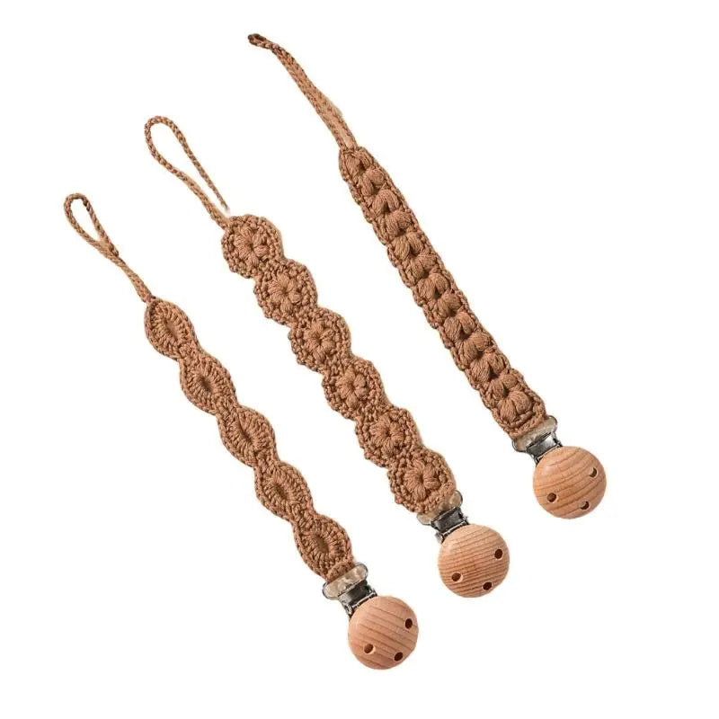 Baby Pacifier Holder Clips with Wooden Teether Beads – 3-Pack