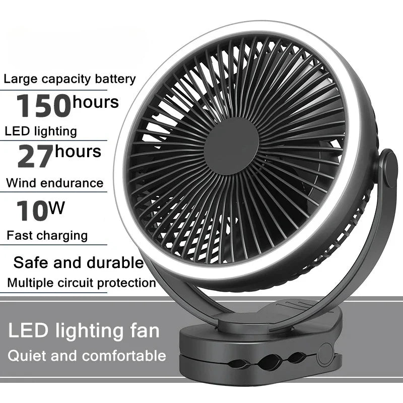 9000mAh Clip Fan with LED Lamp – Rechargeable Portable Fan
