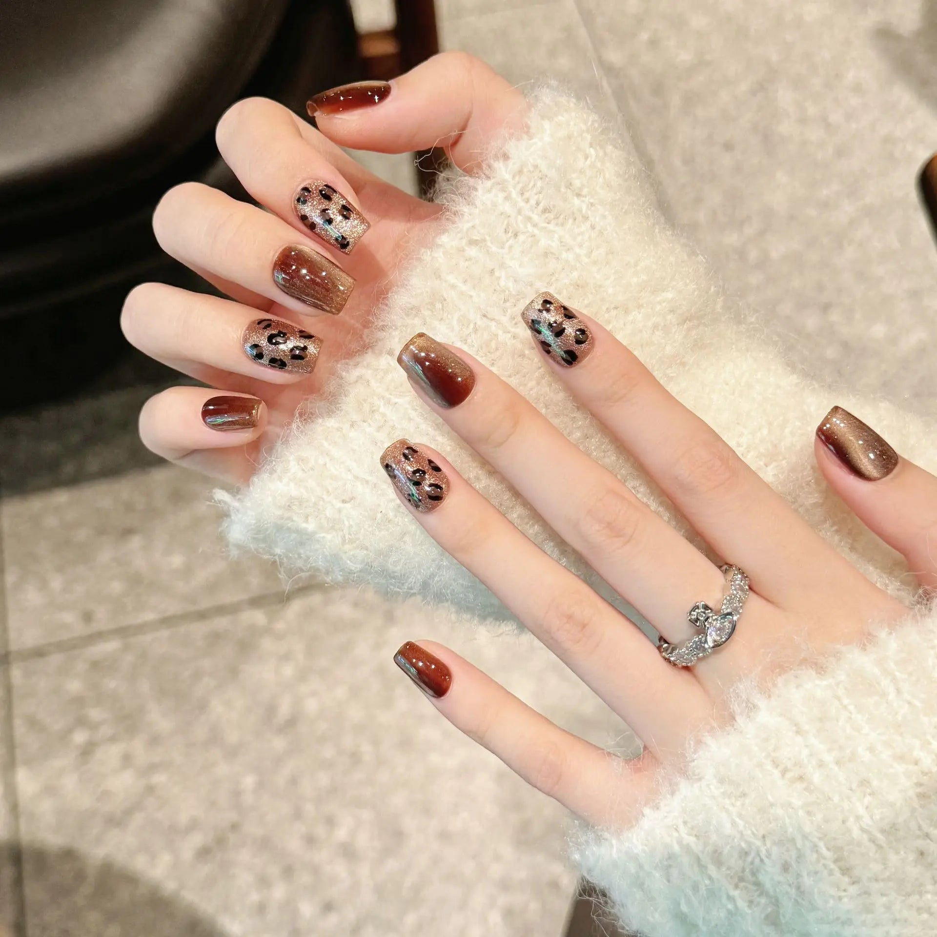Handmade Press on Nails Gold Brown Leopard Print False Nails with Crystal Cat Eye Champagne Diamond Sweet Cool Fake Nail Tips Peaceful Pleasures Health and Wellness