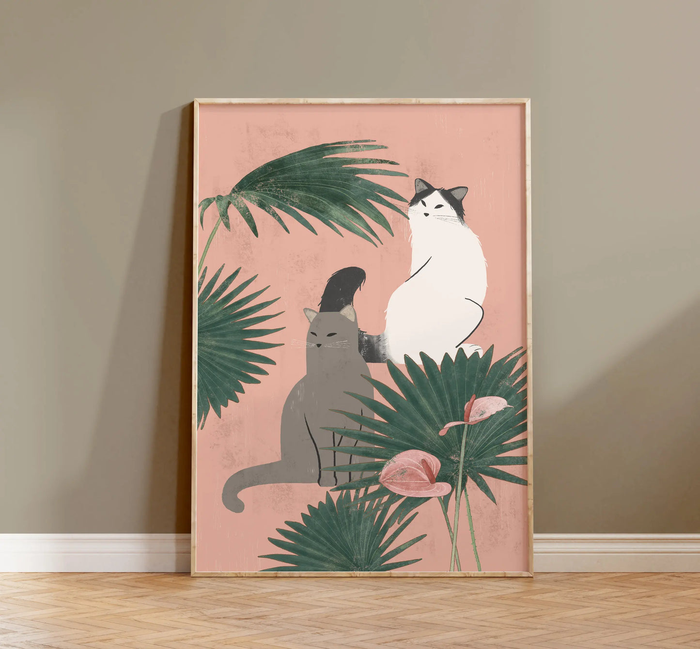 Watercolor Kittens Print Cat and Plant Poster Wall Art Leisurely Cute Kitty Canvas Painting Living Room Bedroom Home Decor Peaceful Pleasures Health and Wellness