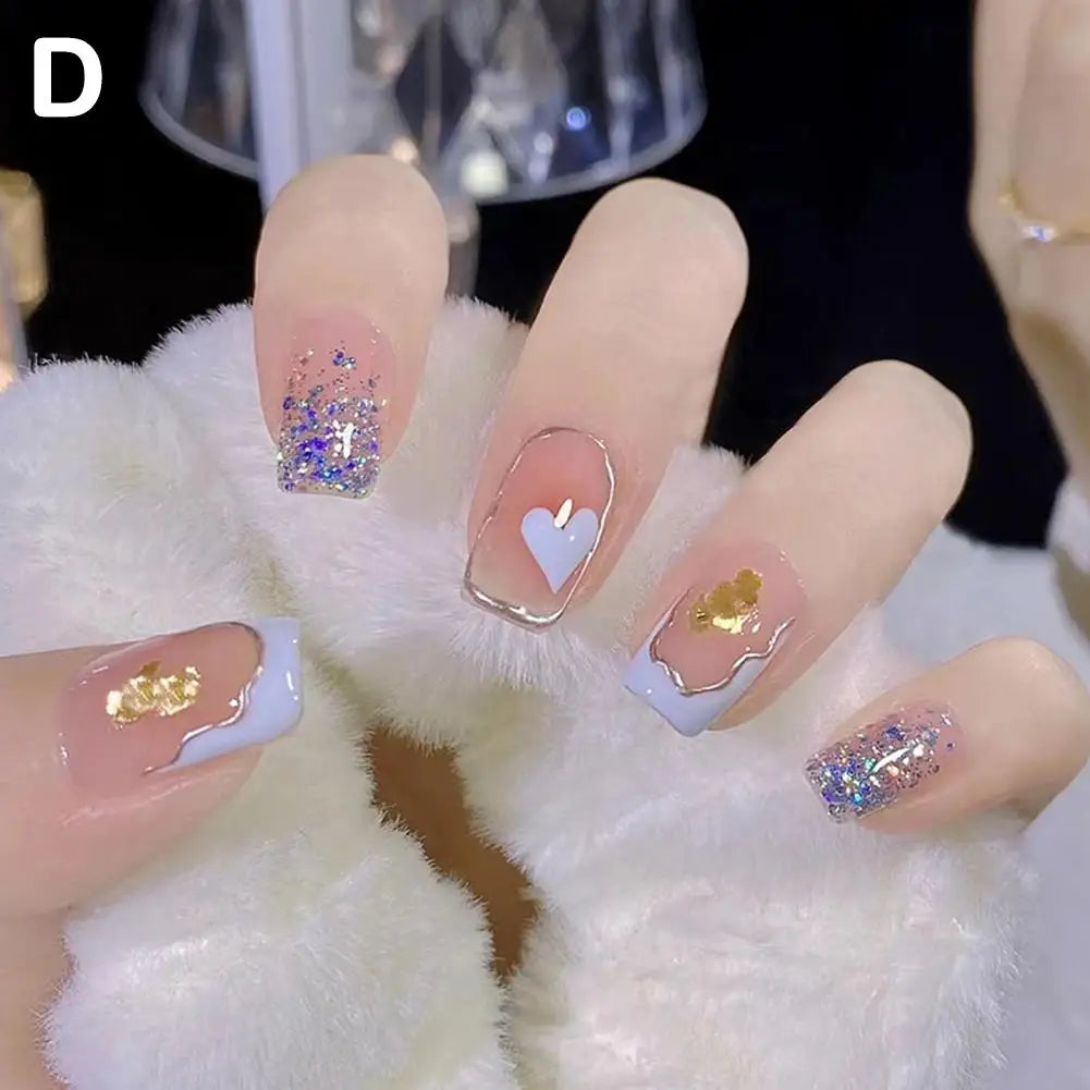French Square Press-On Nails | Nude Pink & Glitter 24pc Set