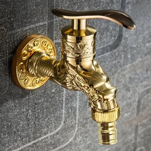 Retro Wall-Mounted Single Cold Faucet | Engraved Zinc Alloy Wall-Mounted Faucet Oasis Select Golden