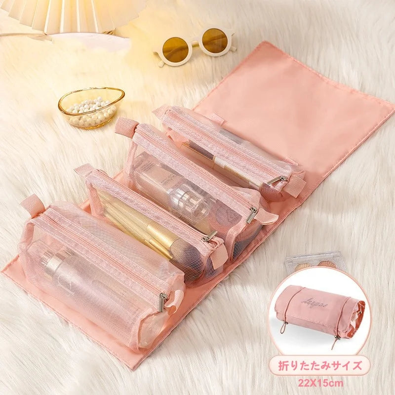Large capacity makeup storage bag with 4 detachable compartments and foldable hanging makeup bag with hanging ring Peaceful Pleasures Health and Wellness Pink