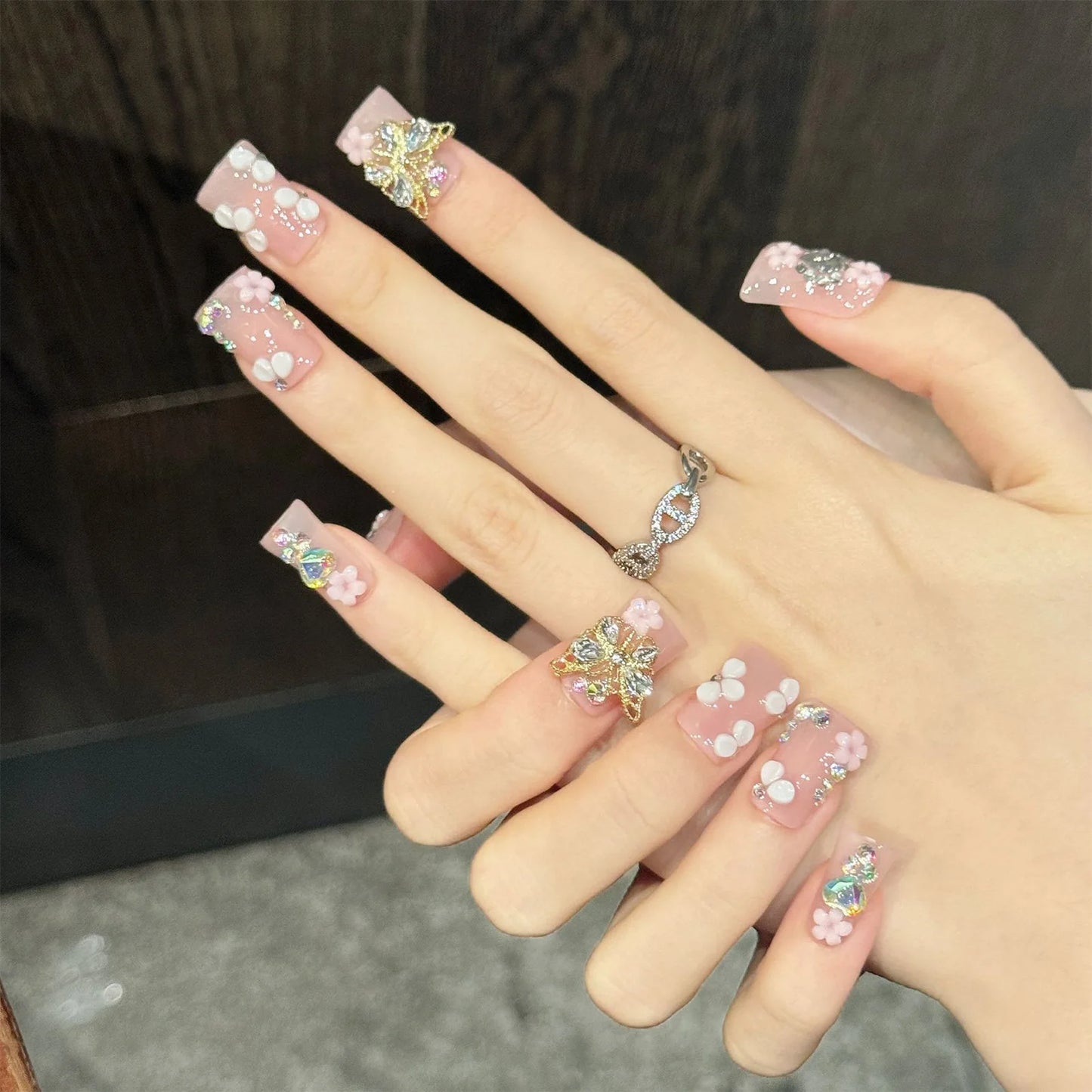 Handmade Press-On Nails Short Duck Tip Pink Floral Rhinestone 3D Press-On Nails Peaceful Pleasures Health and Wellness