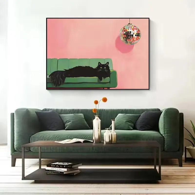 Vintage Trendy Cute Black Cat with Disco Ball&Tropical Drink Cocktail Poster Canvas Painting Wall Art Pictures Home Decor Gift Peaceful Pleasures Health and Wellness